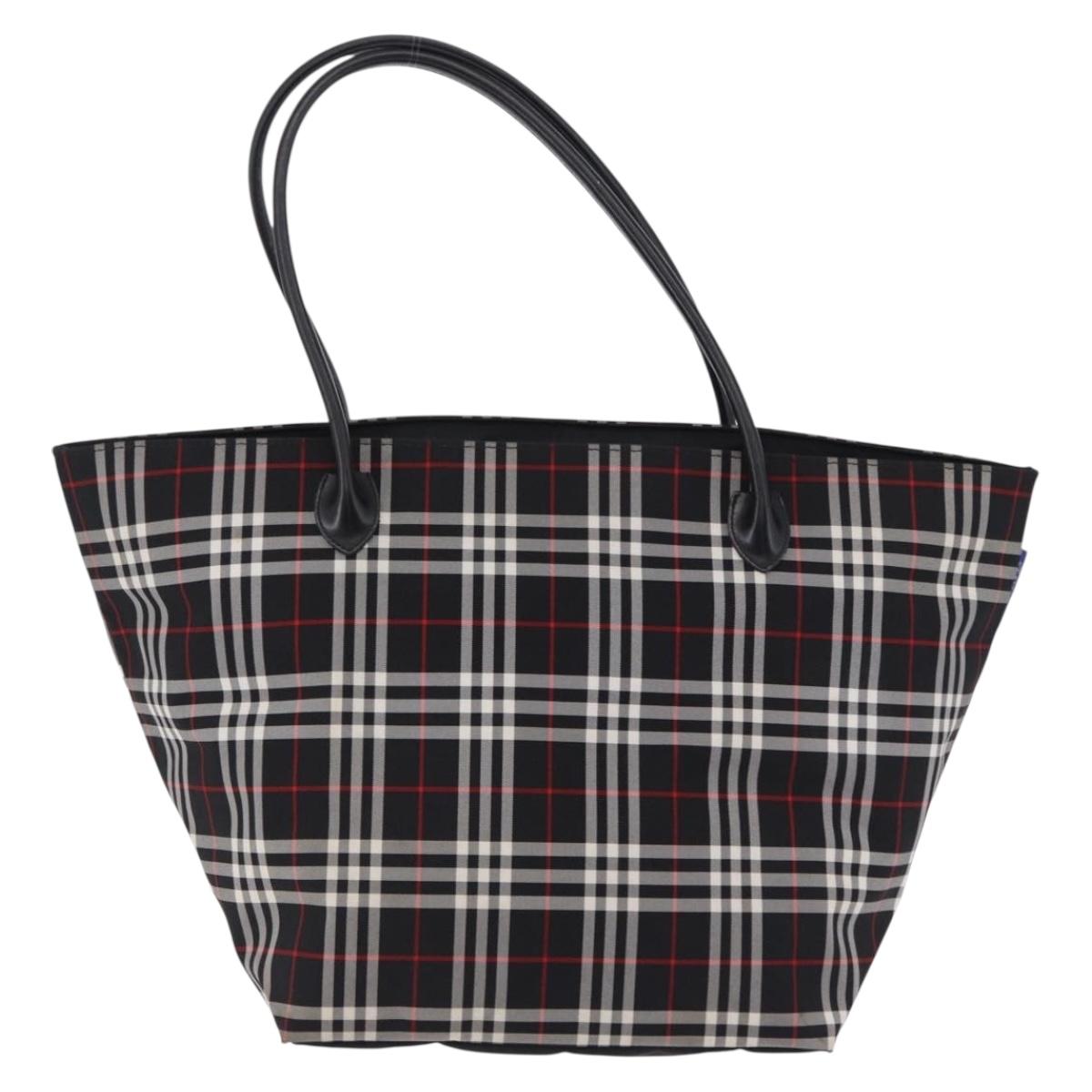 Burberrys Nova Check Blue Label Tote Bag Nylon Black Silver Auth kk690A