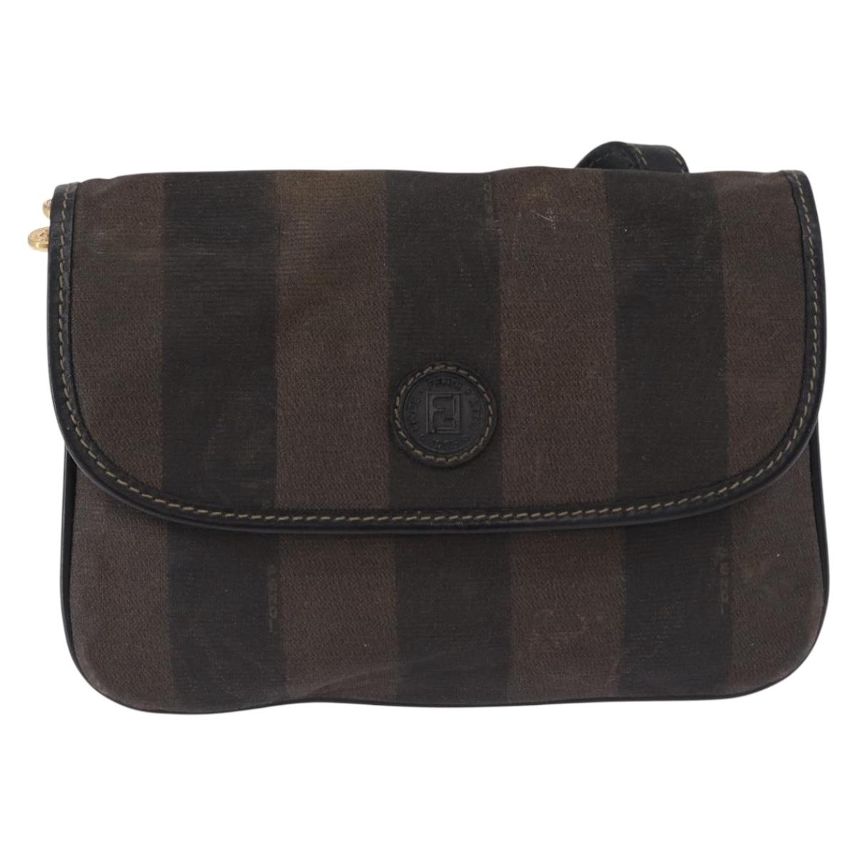 FENDI Pecan Canvas Shoulder Bag PVC Black Brown Auth kk691