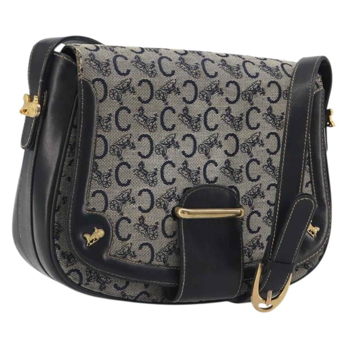 CELINE C Sulky Shoulder Bag Canvas Navy Gold Auth kk693