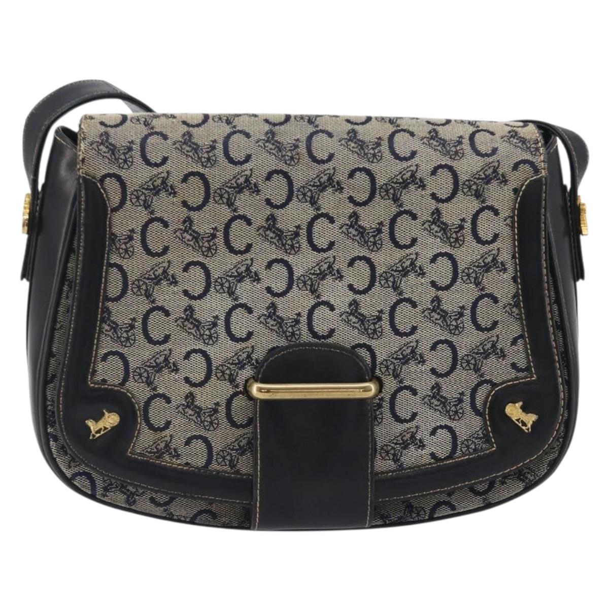 CELINE C Sulky Shoulder Bag Canvas Navy Gold Auth kk693