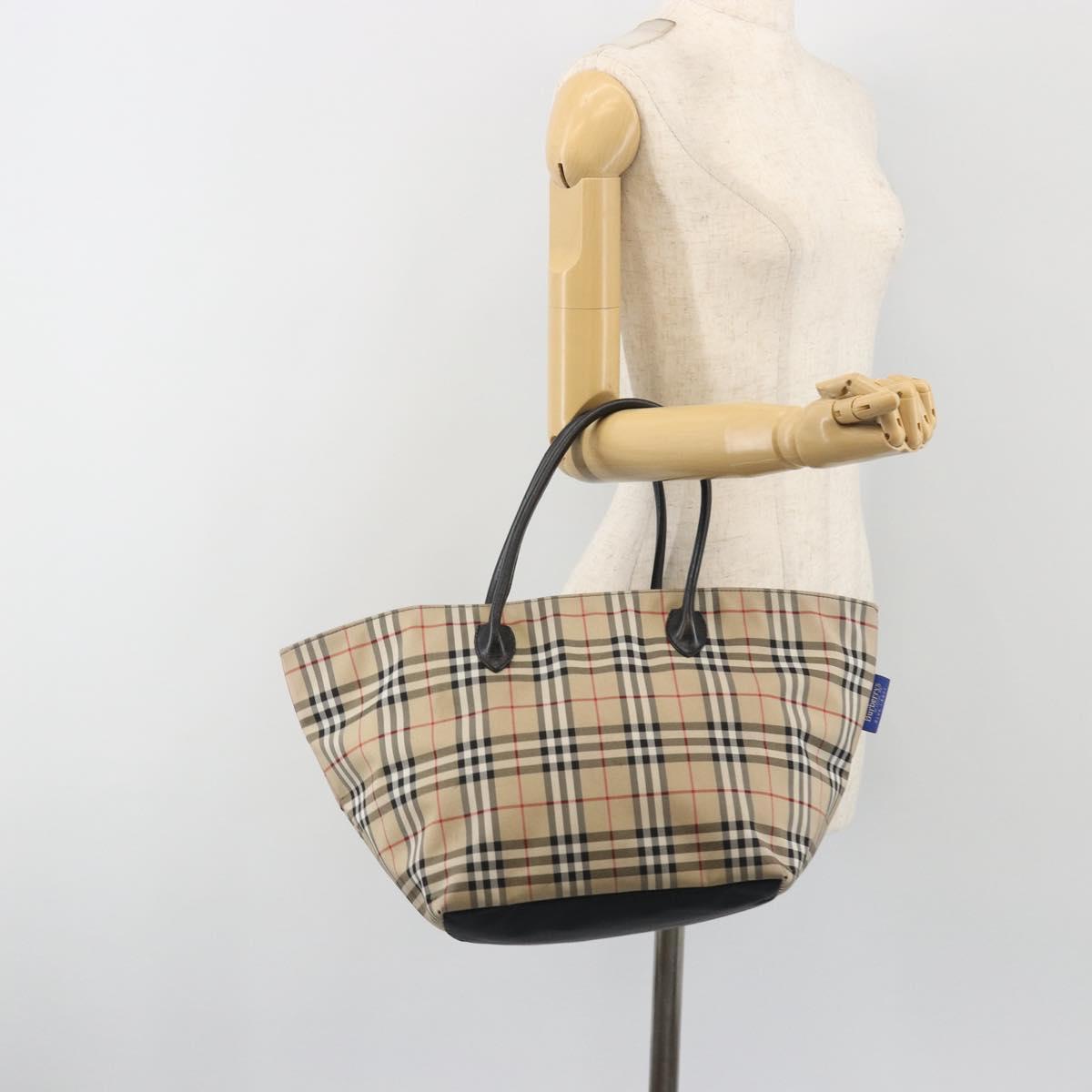 Burberrys Nova Check Blue Label Tote Bag Canvas Beige Auth kk702