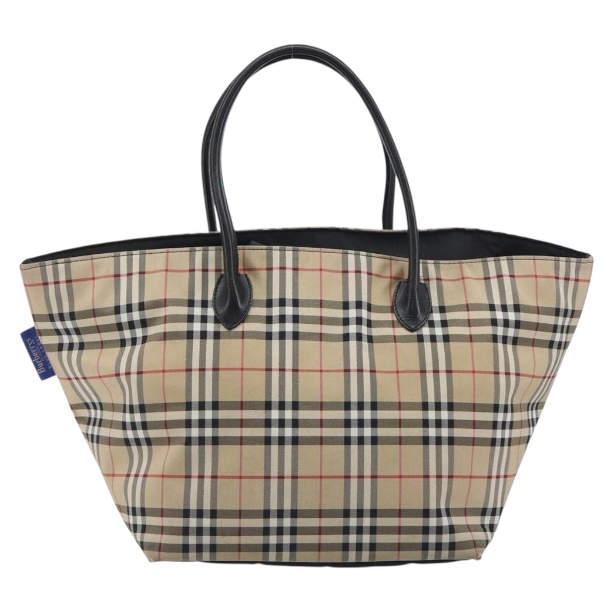 Burberrys Nova Check Blue Label Tote Bag Canvas Beige Auth kk702
