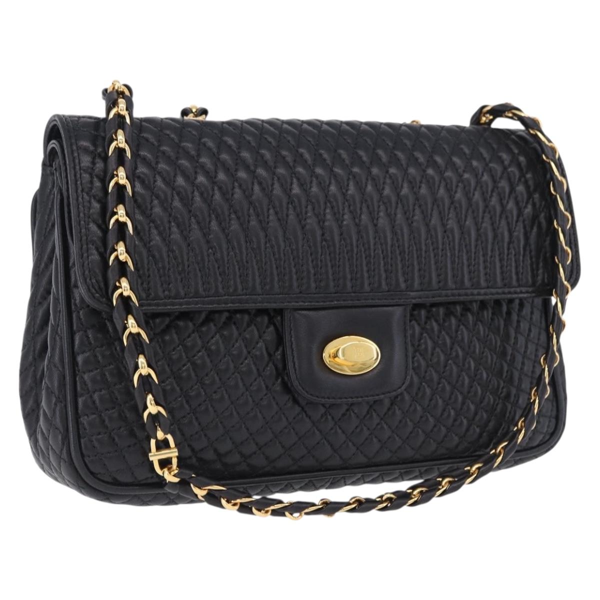BALLY Chain Shoulder Bag Leather Black Gold Auth kk707A