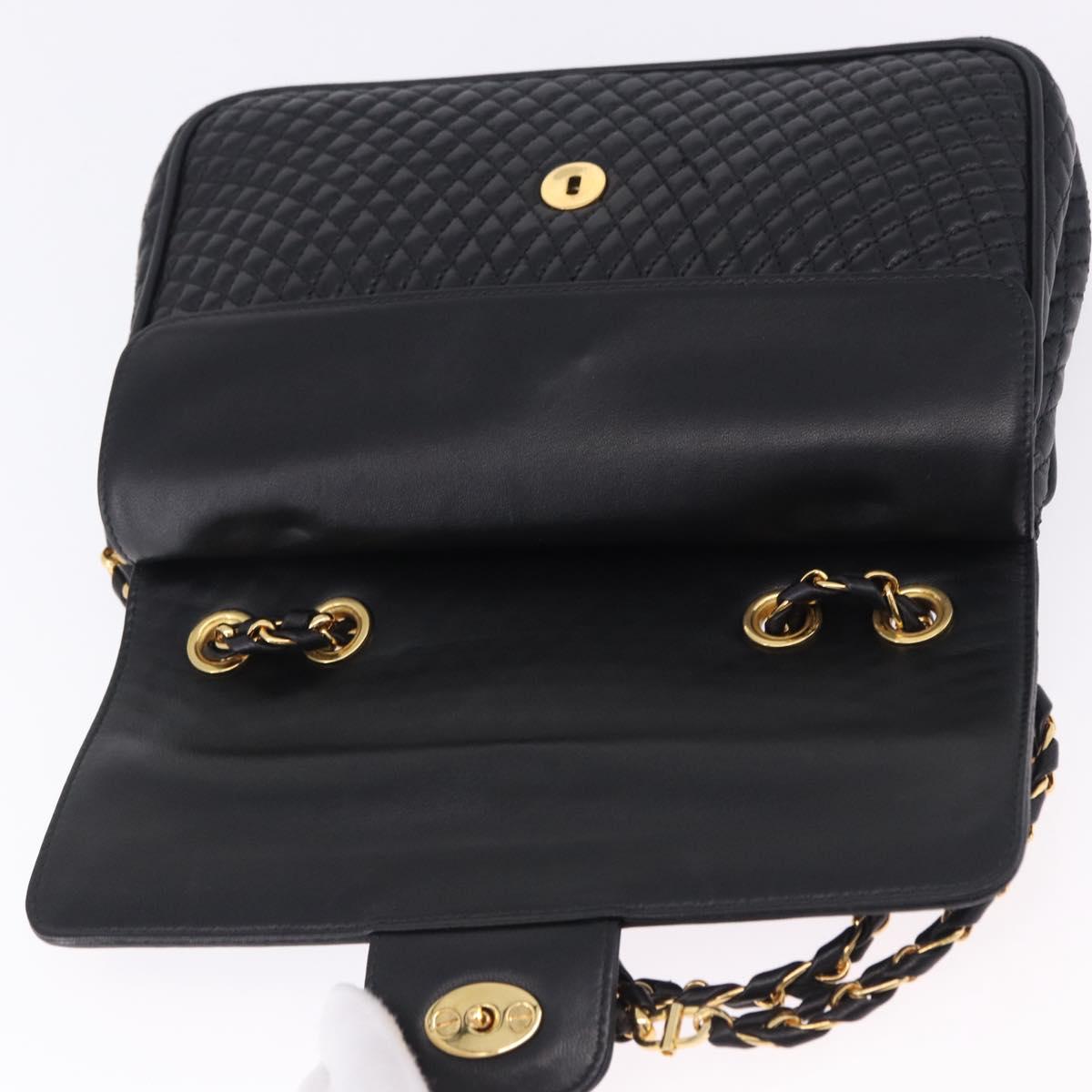 BALLY Chain Shoulder Bag Leather Black Gold Auth kk707A