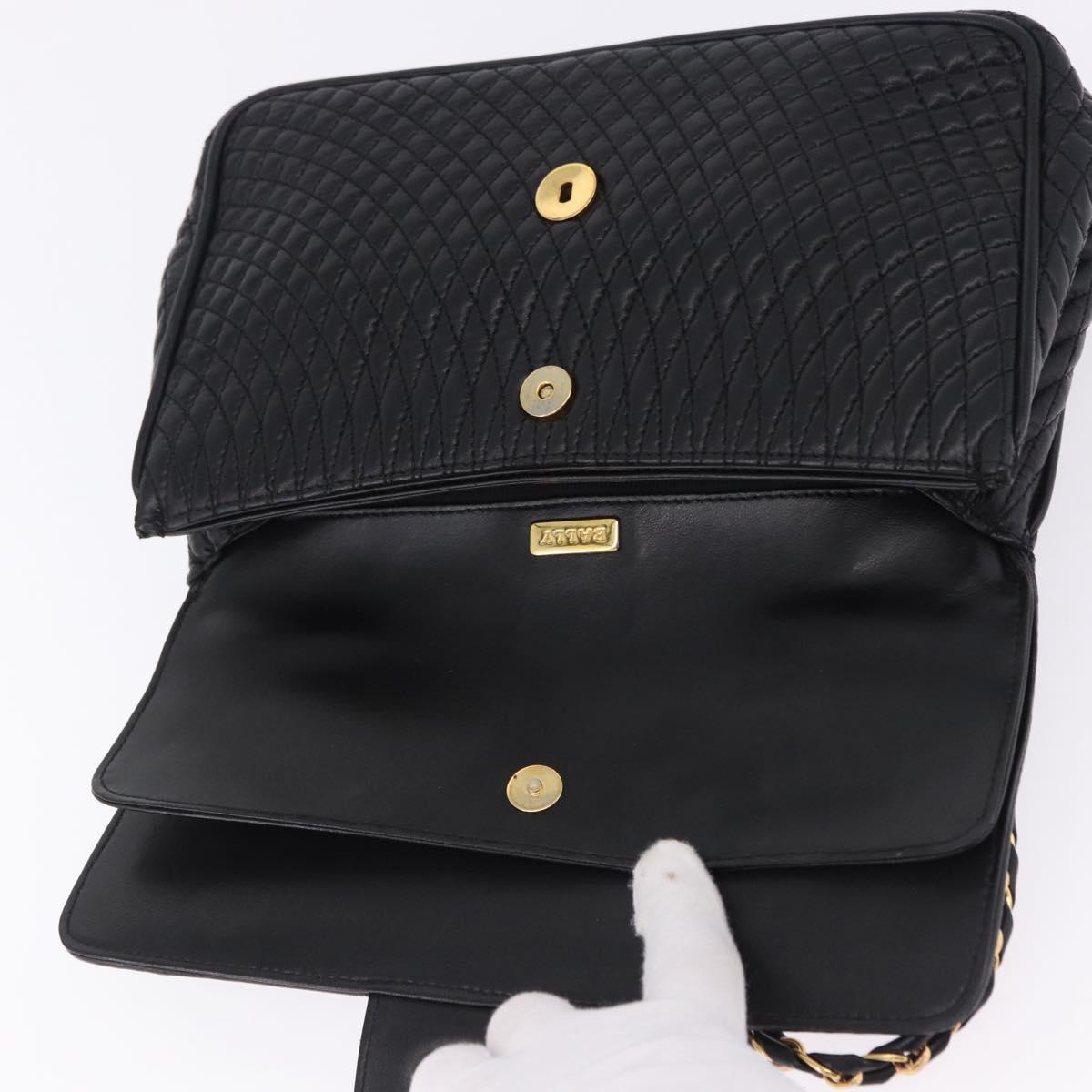 BALLY Chain Shoulder Bag Leather Black Gold Auth kk709A