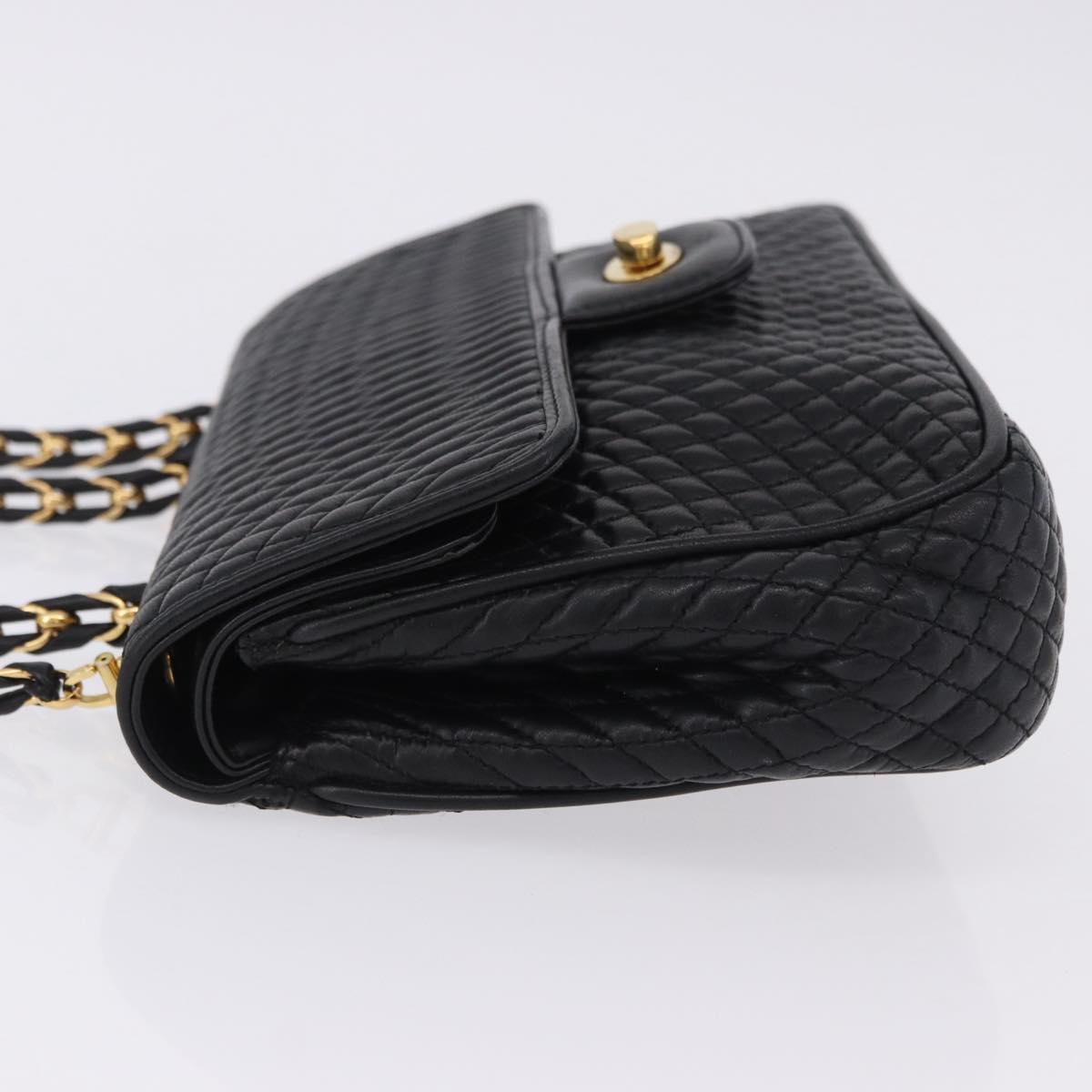 BALLY Chain Shoulder Bag Leather Black Gold Auth kk709A