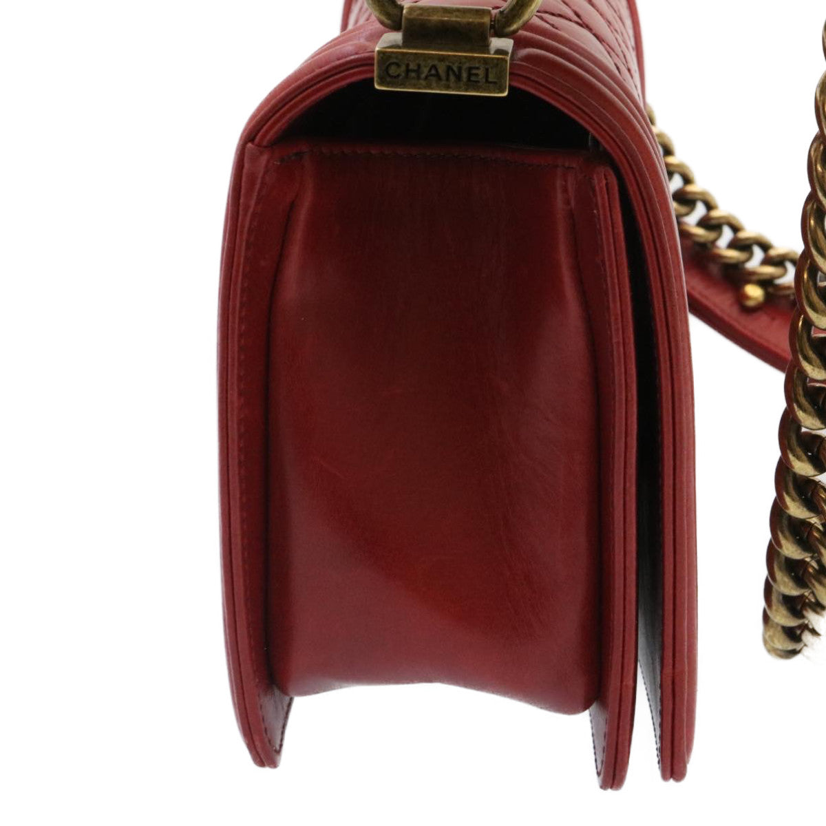CHANEL Boy Chanel Matelasse Chain Flap Shoulder Bag Leather Red CC Auth knn010