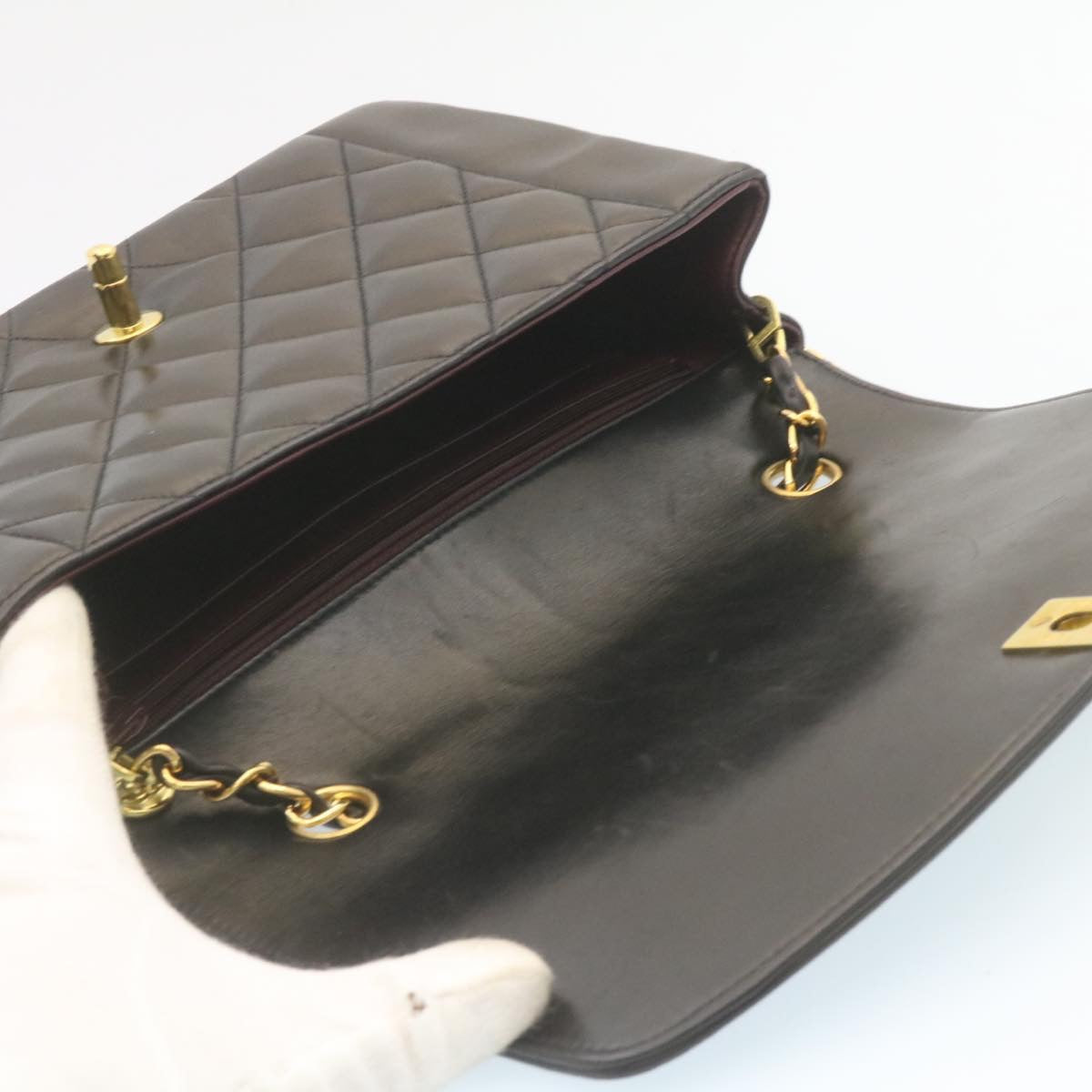 CHANEL Chain Turn Lock Diana Matelasse Shoulder Bag Lamb Skin Black Auth knn076