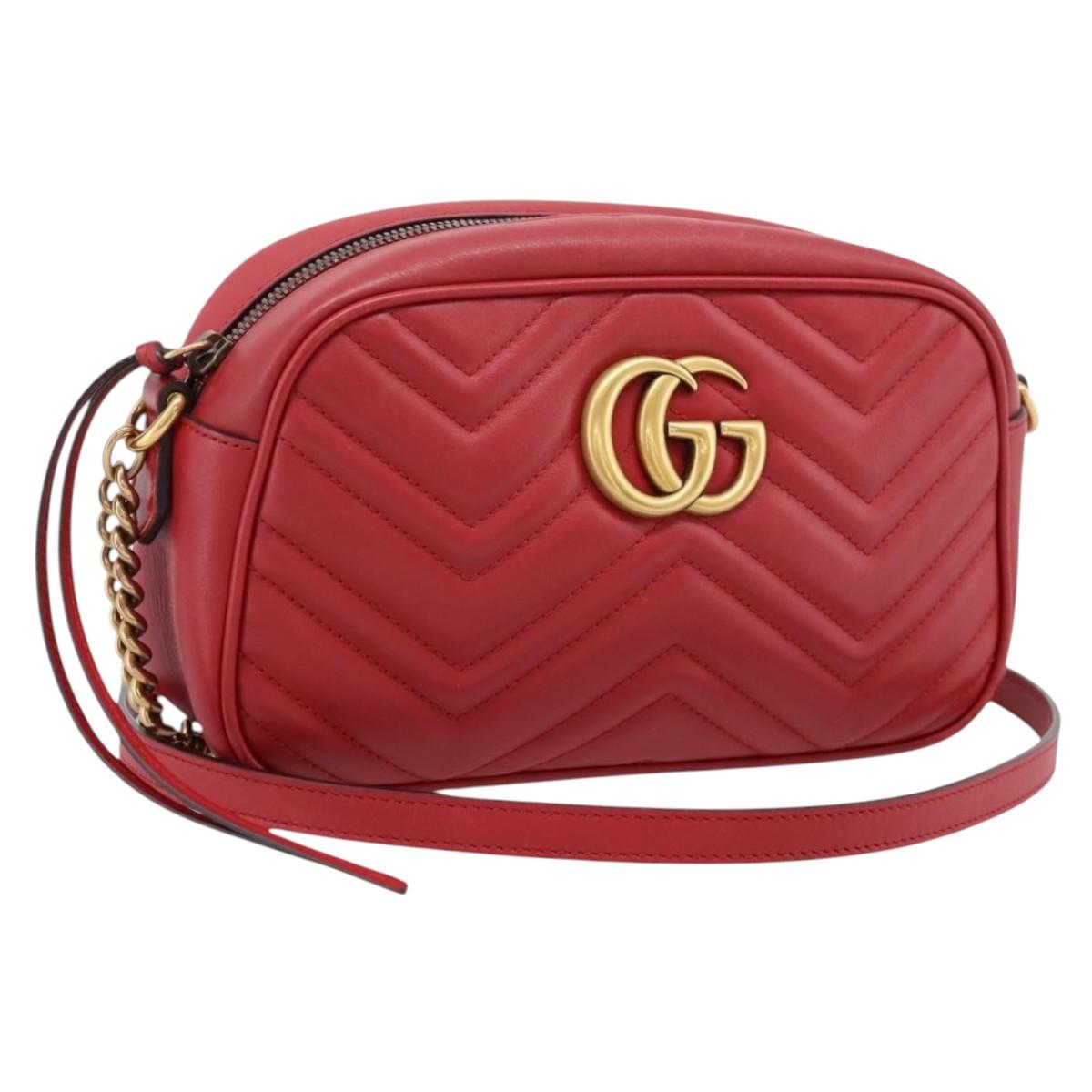 GUCCI GG Marmont Camera Bag Chain Shoulder Bag Leather Red 447632 Auth LN010V