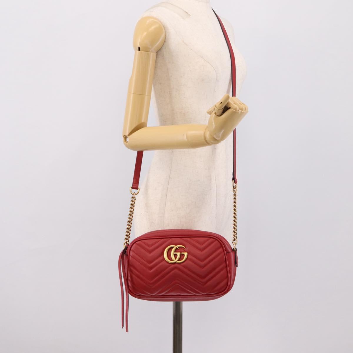 GUCCI GG Marmont Camera Bag Chain Shoulder Bag Leather Red 447632 Auth LN010V