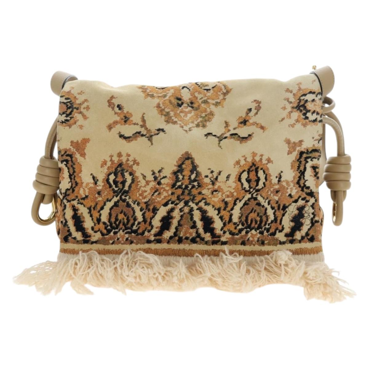 LOEWE Flamenco Shoulder Bag Suede Beige Gold Tone Auth LN031V