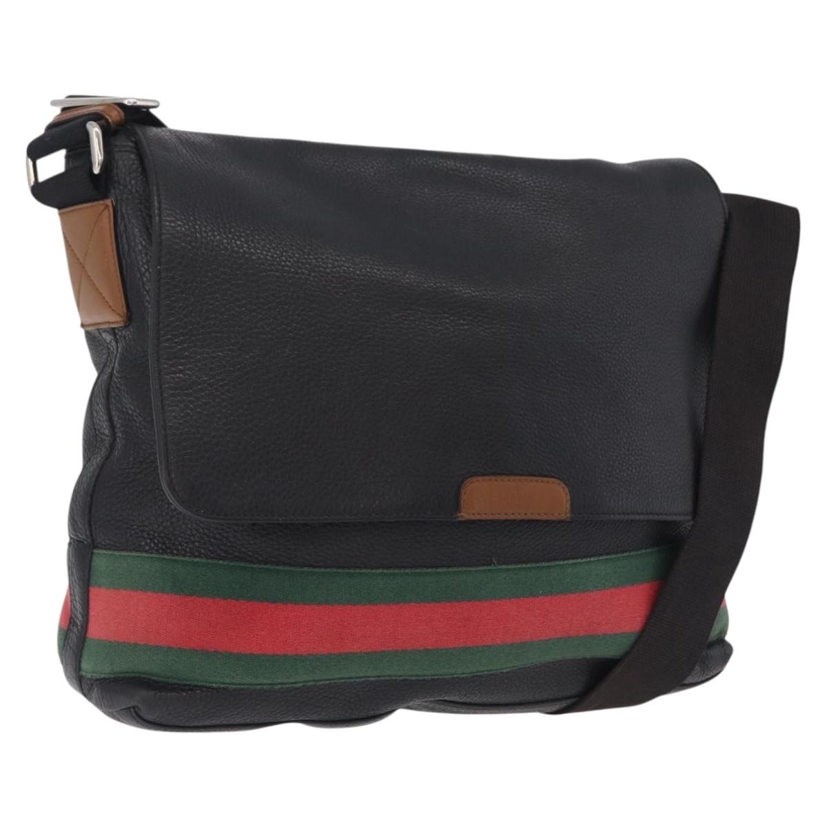 GUCCI Web Sherry Line Shoulder Bag Leather Black 281421 Auth LN034