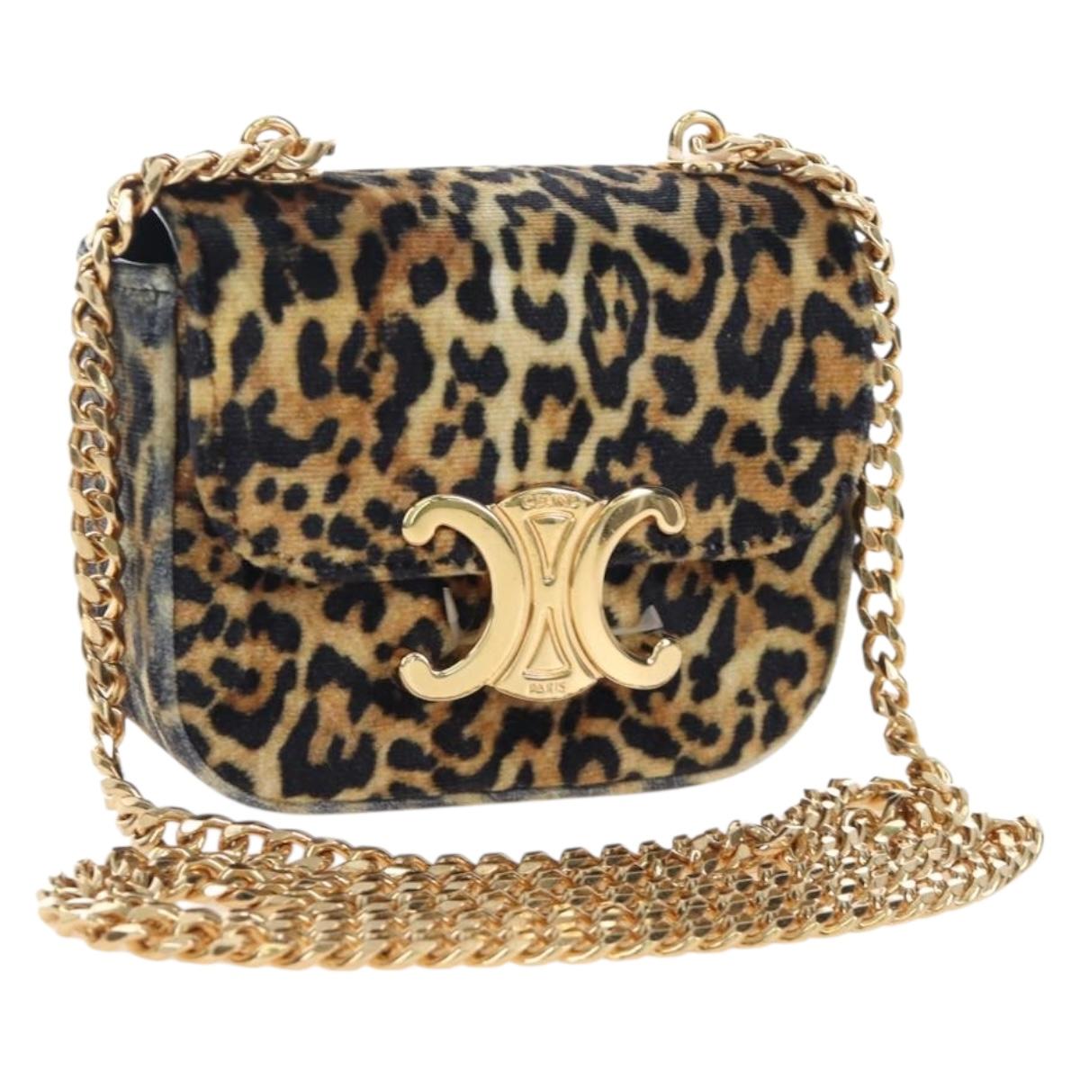 CELINE Chain Shoulder Bag Velor Beige Gold Auth LN061M