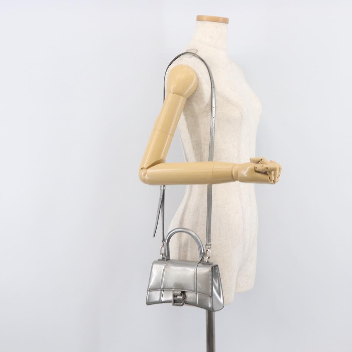 Balenciaga Hour Glass Hand Bag Leather 2way Silver 592833 Auth LN068A