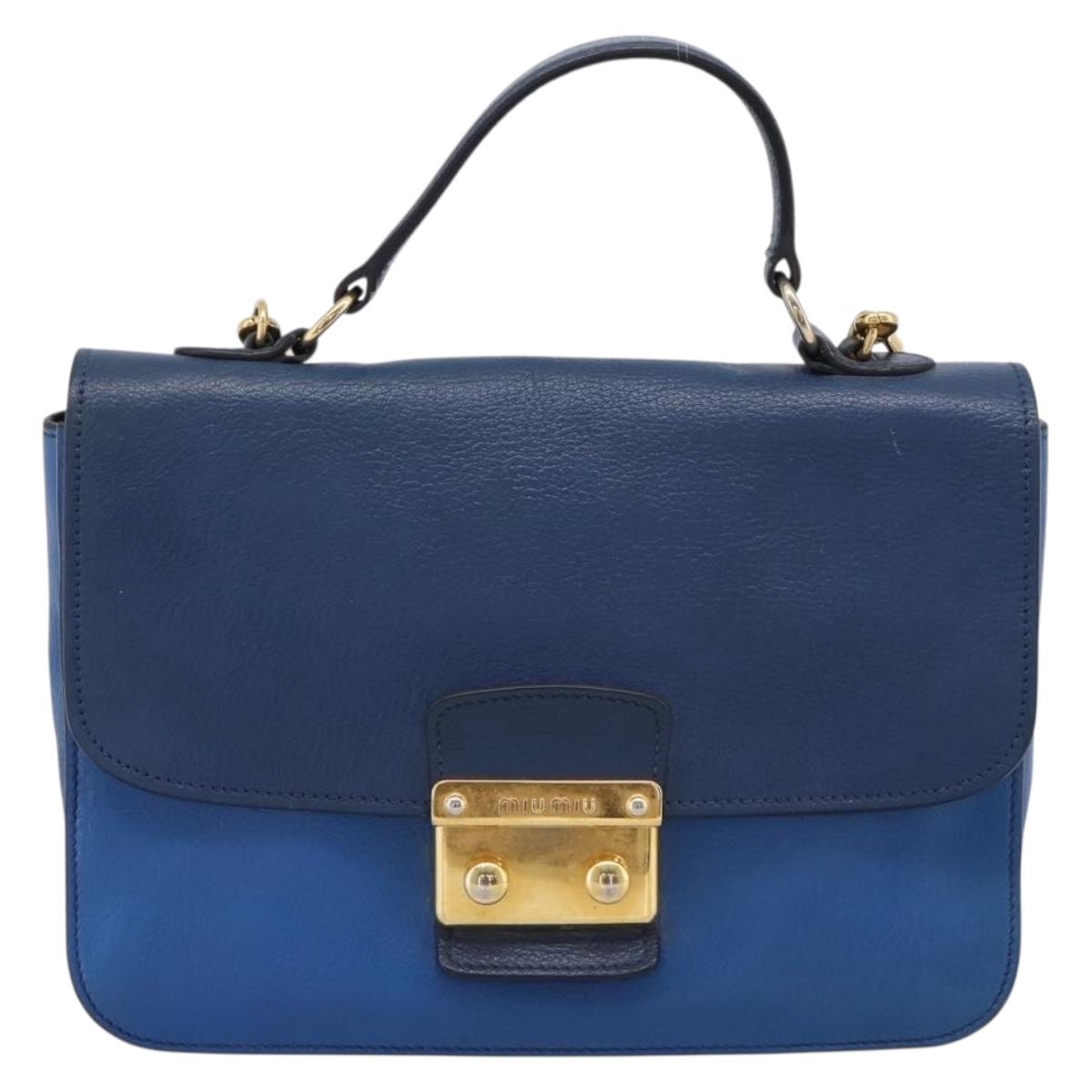 Miu Miu Madras Hand Bag Leather 2way Navy Gold Tone Auth LN072A