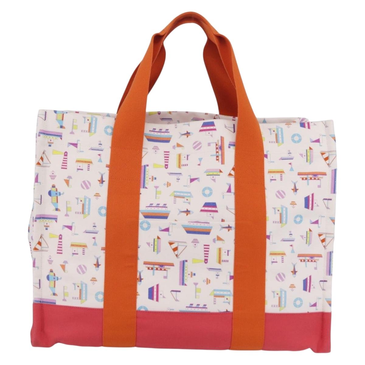HERMES Petit Chartier Tote Bag Canvas Orange White Auth LN078V