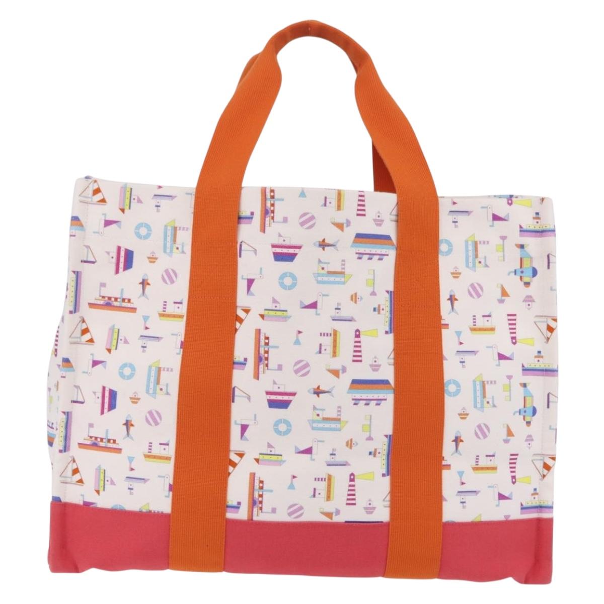 HERMES Petit Chartier Tote Bag Canvas Orange White Auth LN078V