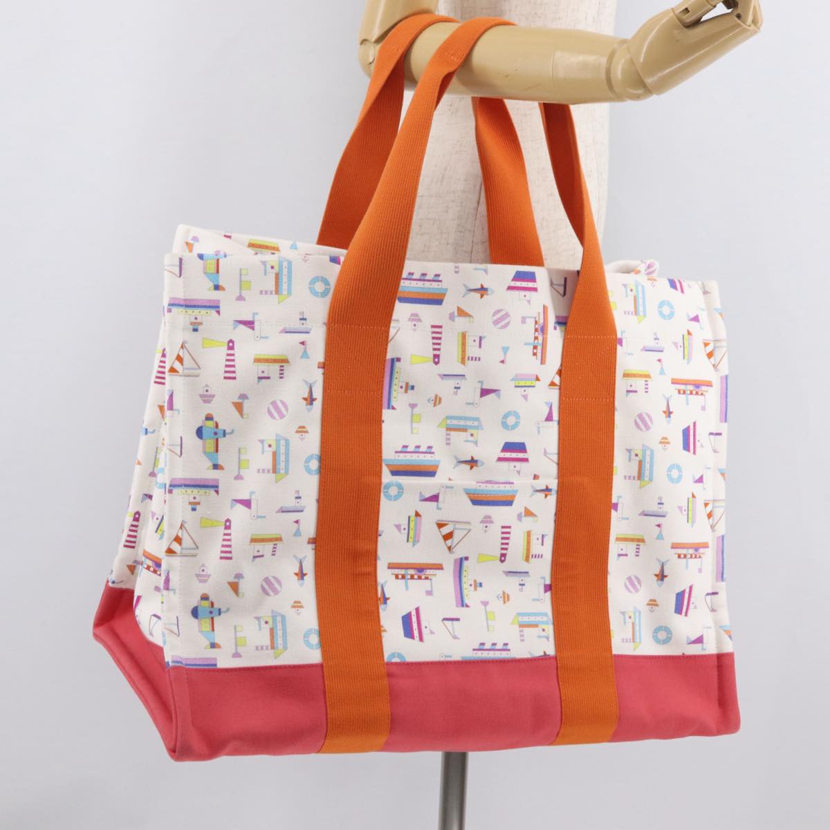 HERMES Petit Chartier Tote Bag Canvas Orange White Auth LN078V