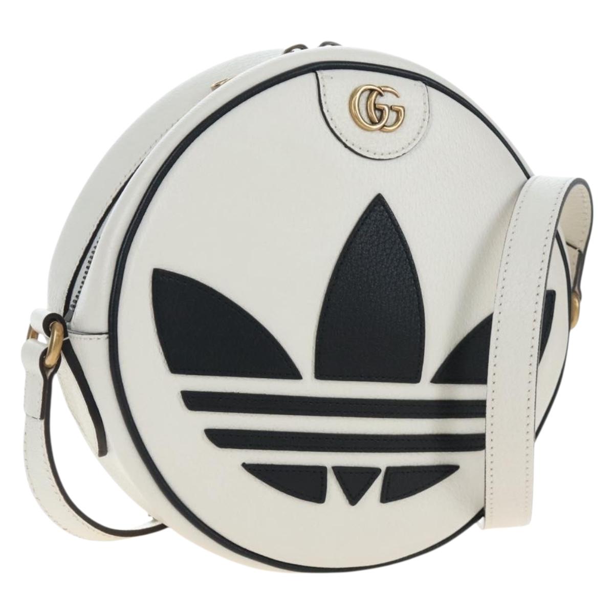 GUCCI x Adidas Shoulder Bag Leather White Gold Tone 702626 Auth LN090M