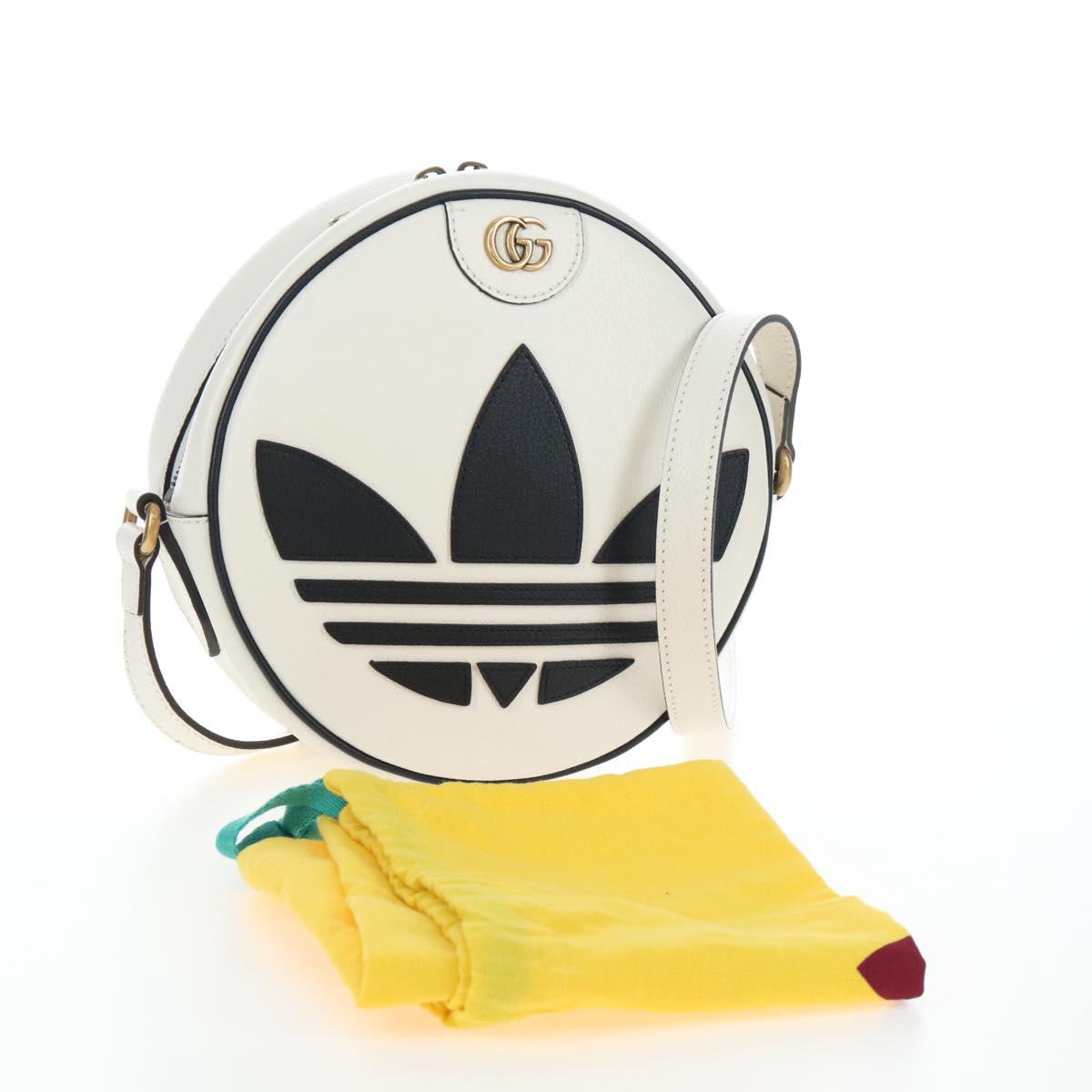 GUCCI x Adidas Shoulder Bag Leather White Gold Tone 702626 Auth LN090M