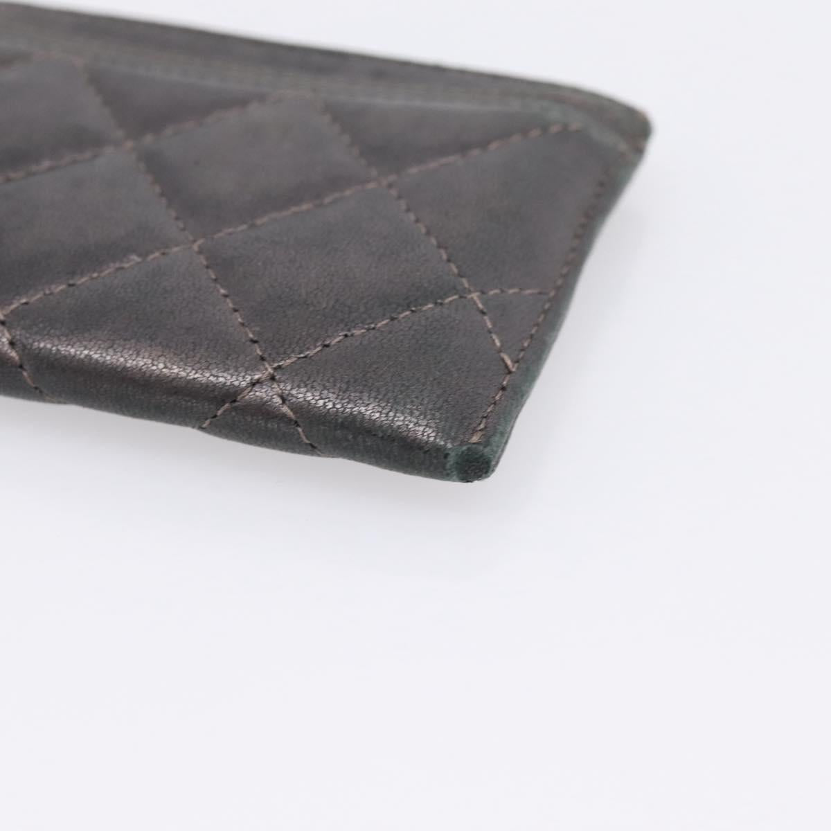 CHANEL Matelasse Card Case Lamb Skin Gray Silver CC Auth LN111