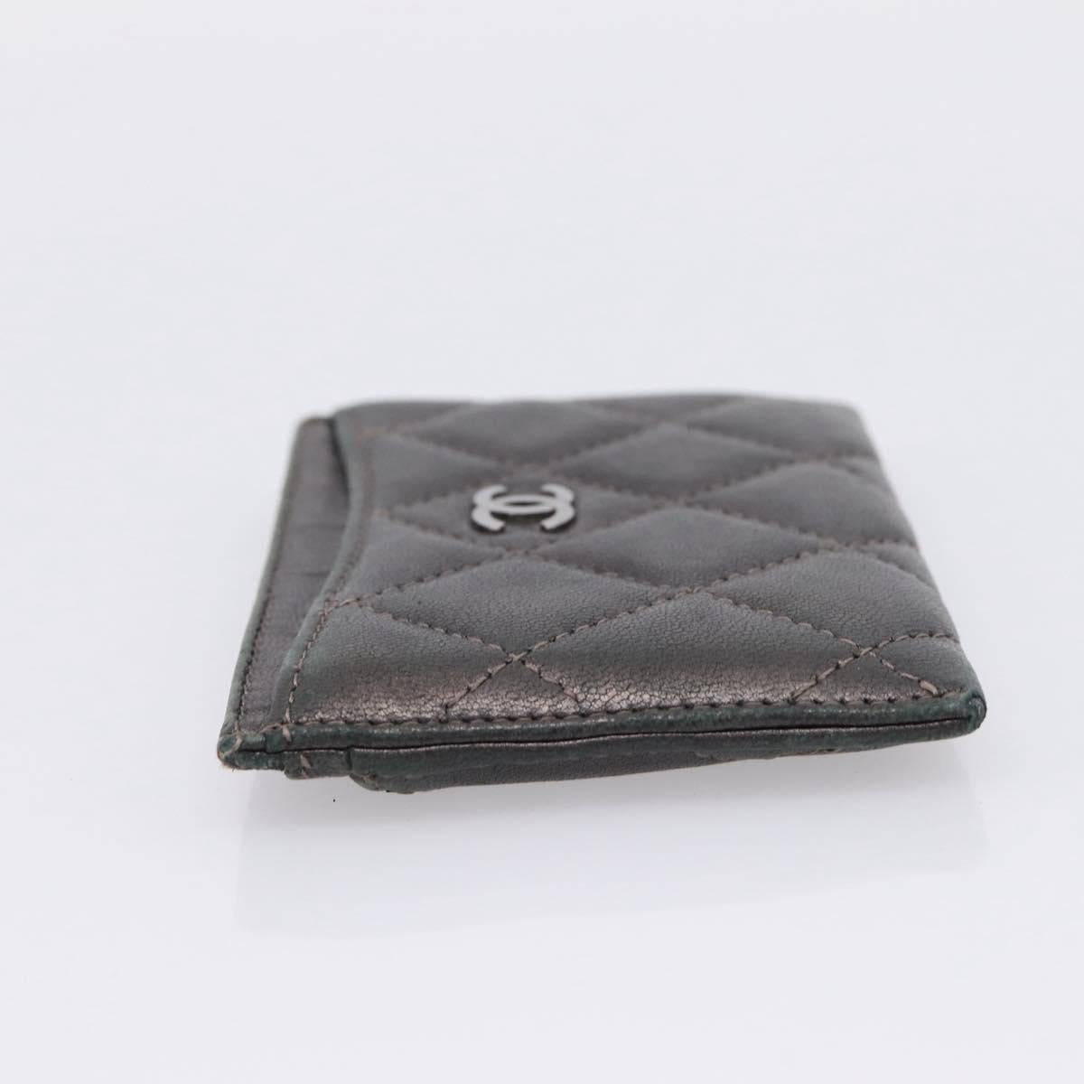 CHANEL Matelasse Card Case Lamb Skin Gray Silver CC Auth LN111