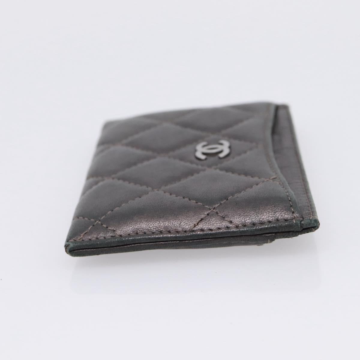 CHANEL Matelasse Card Case Lamb Skin Gray Silver CC Auth LN111