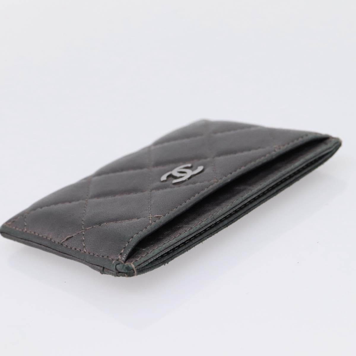 CHANEL Matelasse Card Case Lamb Skin Gray Silver CC Auth LN111
