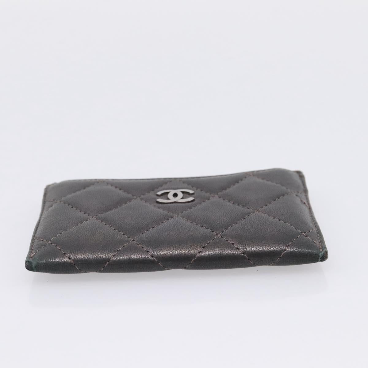 CHANEL Matelasse Card Case Lamb Skin Gray Silver CC Auth LN111