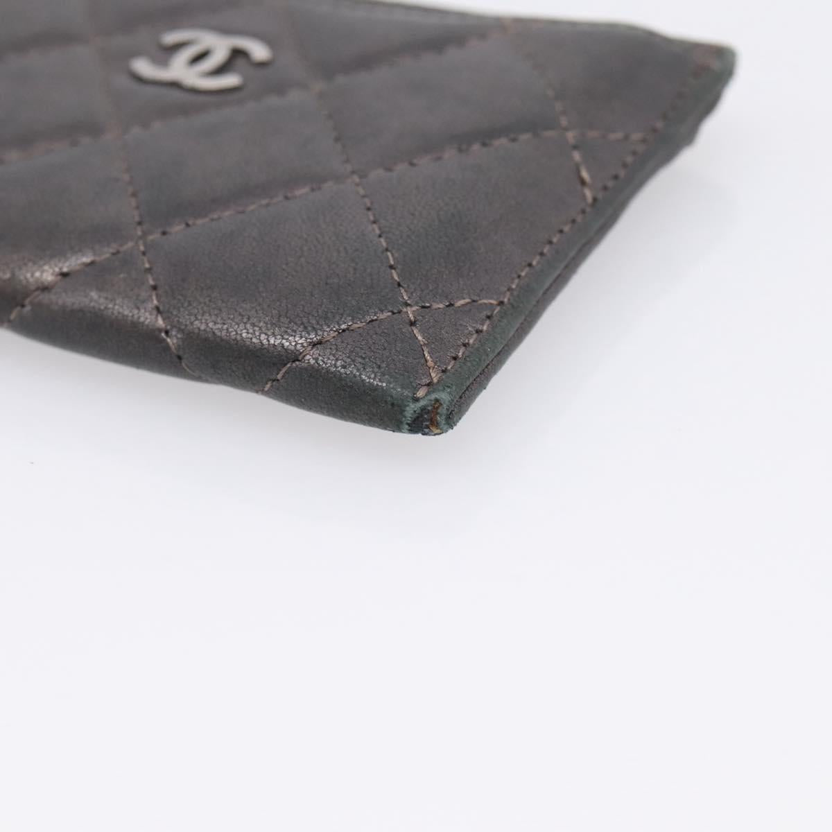 CHANEL Matelasse Card Case Lamb Skin Gray Silver CC Auth LN111