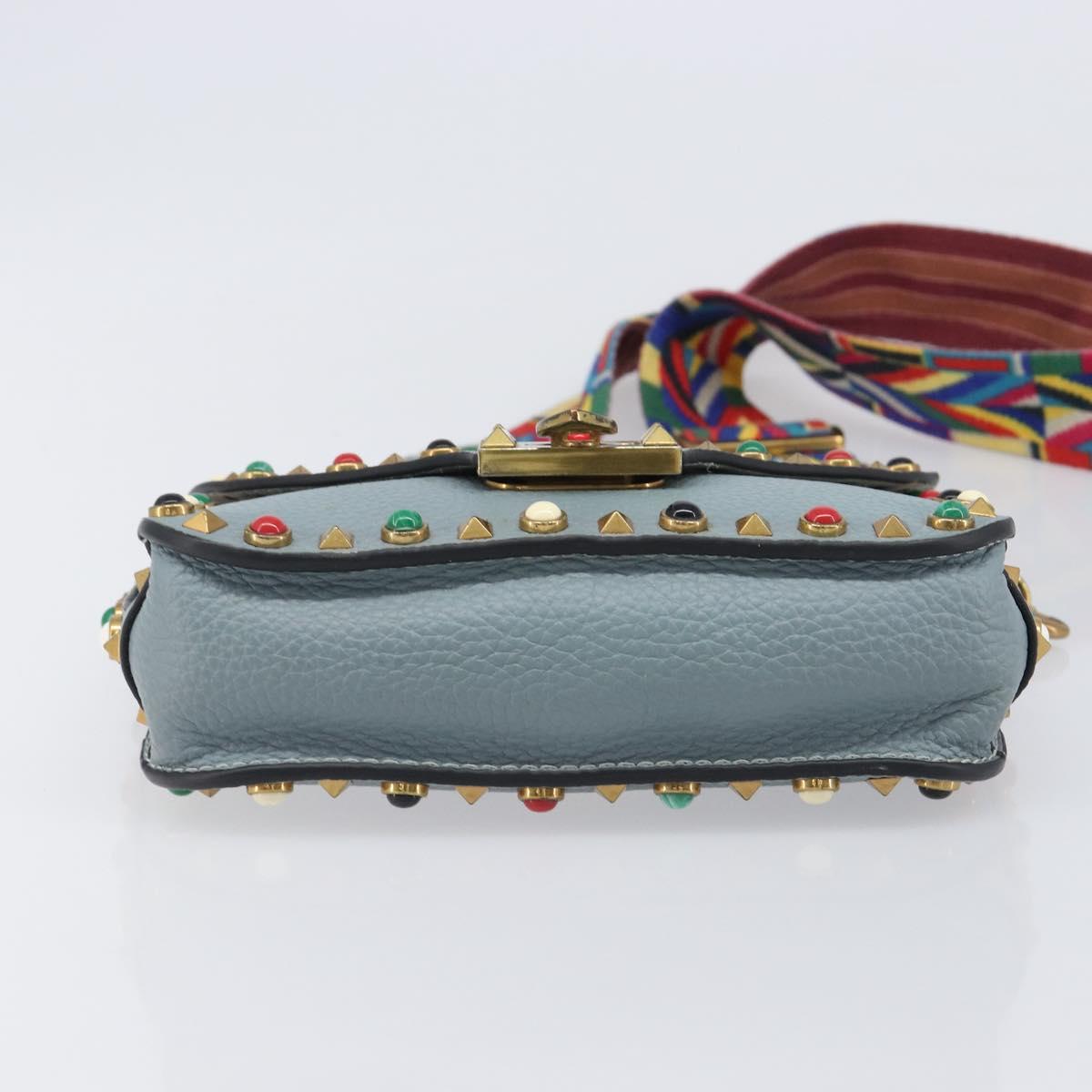 VALENTINO Studs Shoulder Bag Leather Light Blue Gold Auth LN123