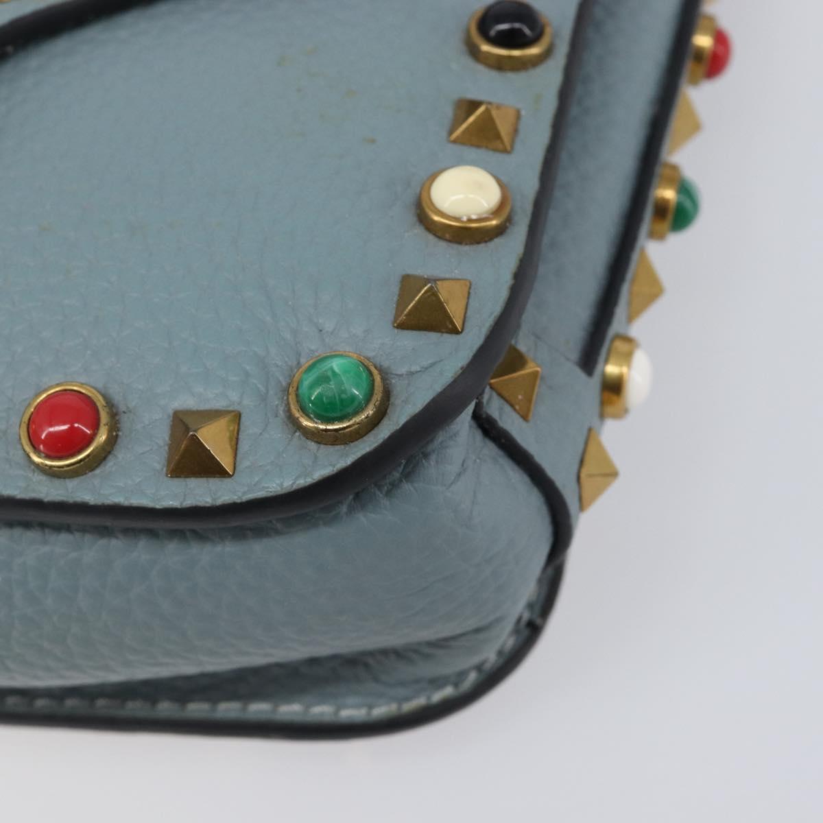 VALENTINO Studs Shoulder Bag Leather Light Blue Gold Auth LN123