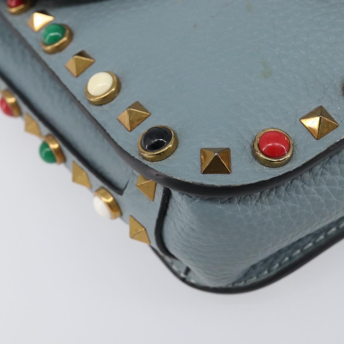 VALENTINO Studs Shoulder Bag Leather Light Blue Gold Auth LN123