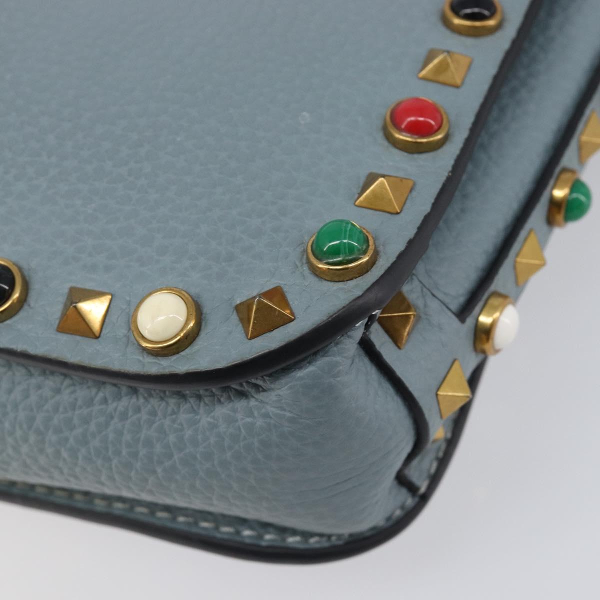 VALENTINO Studs Shoulder Bag Leather Light Blue Gold Auth LN123