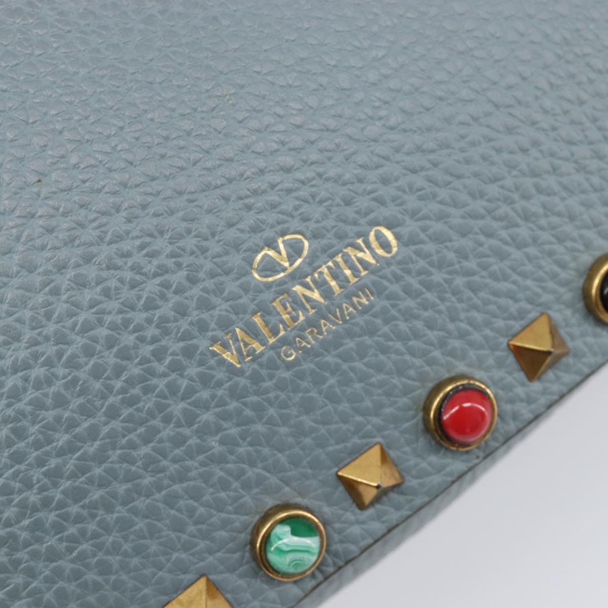 VALENTINO Studs Shoulder Bag Leather Light Blue Gold Auth LN123