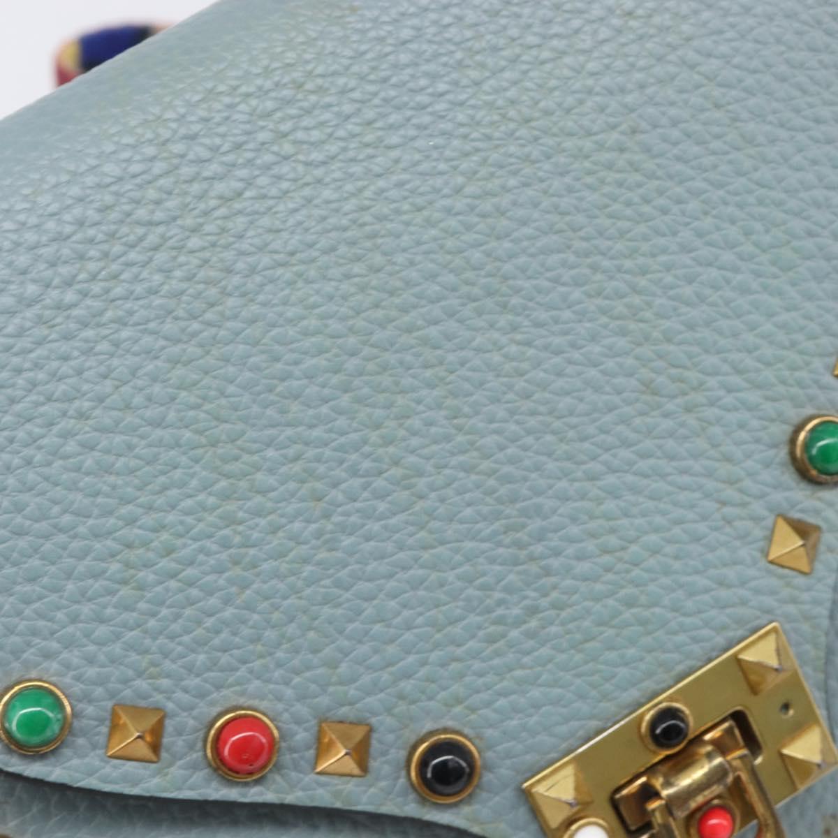 VALENTINO Studs Shoulder Bag Leather Light Blue Gold Auth LN123