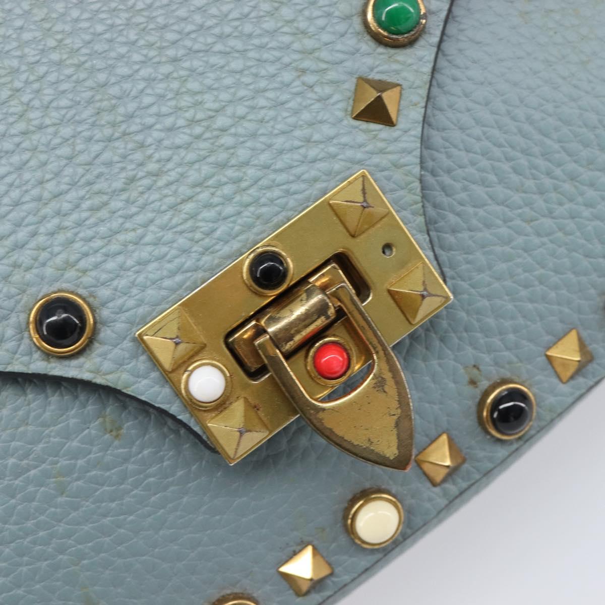 VALENTINO Studs Shoulder Bag Leather Light Blue Gold Auth LN123