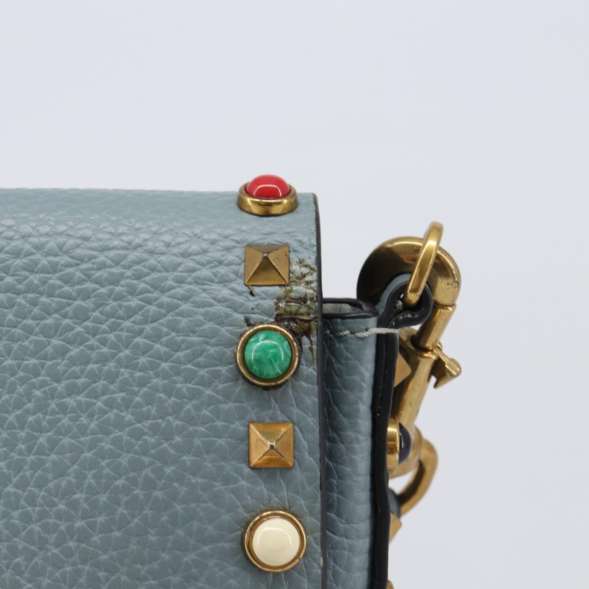 VALENTINO Studs Shoulder Bag Leather Light Blue Gold Auth LN123