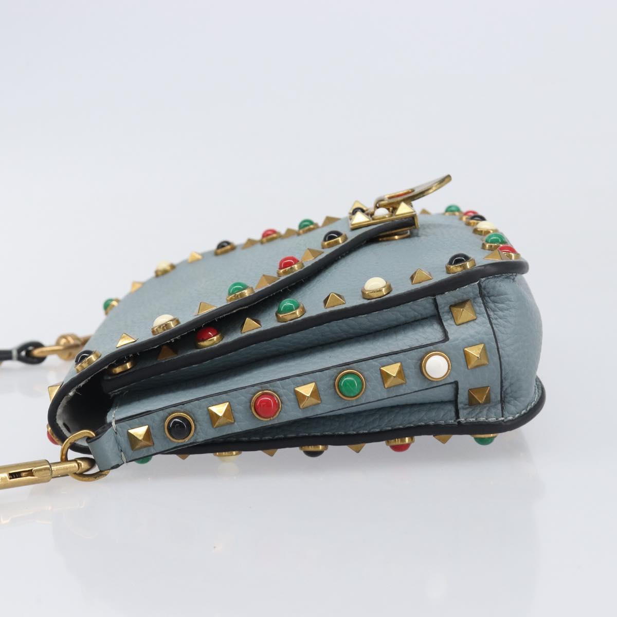 VALENTINO Studs Shoulder Bag Leather Light Blue Gold Auth LN123