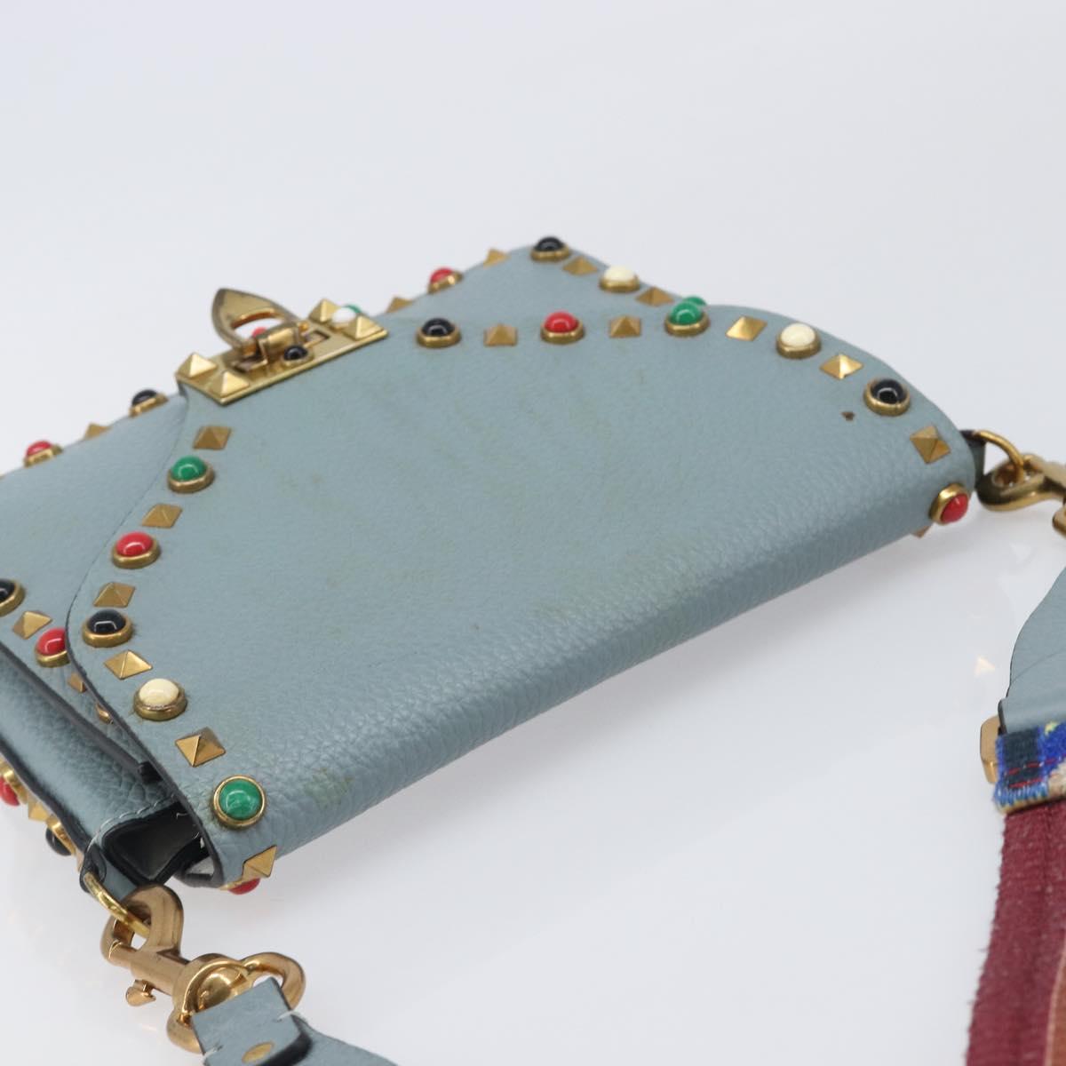 VALENTINO Studs Shoulder Bag Leather Light Blue Gold Auth LN123