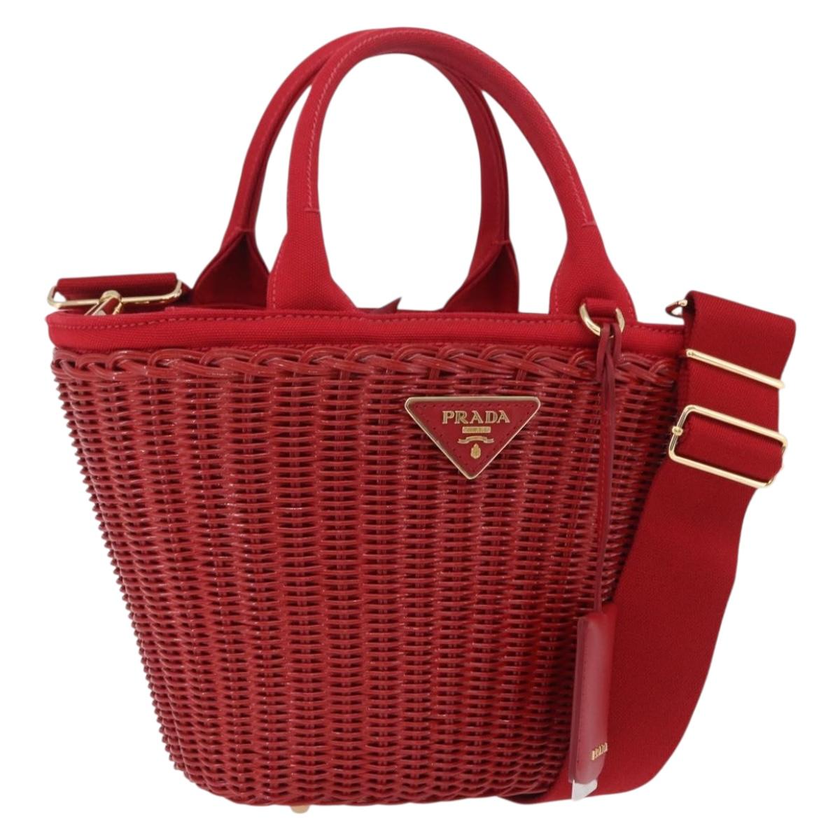 PRADA Wicker Hand Bag Rattan 2way Red Gold Auth LN124SAM