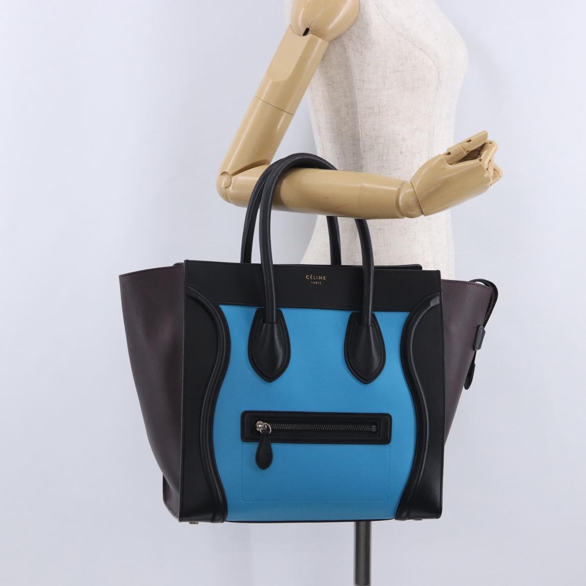 CELINE Luggage Mini Shopper Hand Bag Leather Turquoise Blue Auth LN125SAM