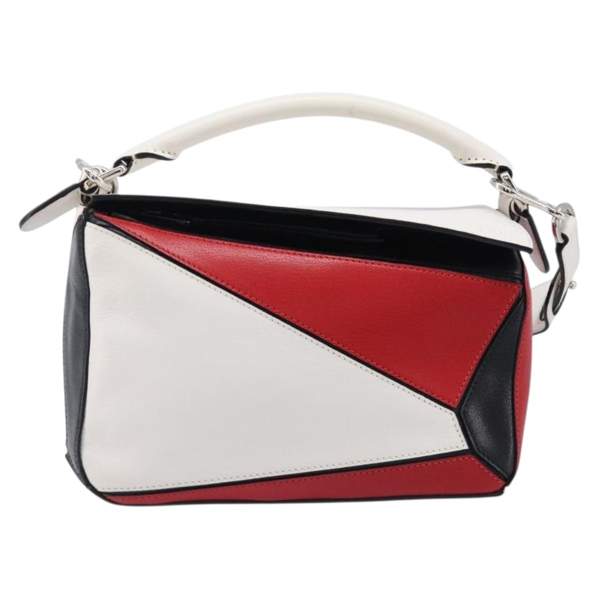 LOEWE Puzzle Bag Medium Hand Bag Leather 2way Red Silver Auth LN127M