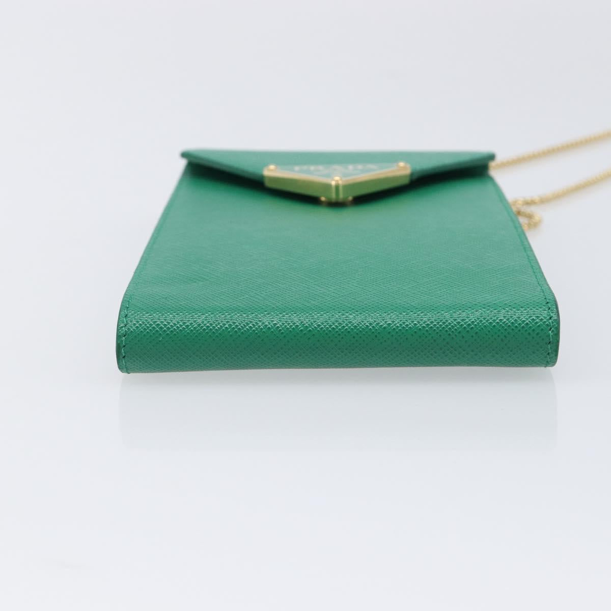 PRADA Chain Shoulder Pouch Safiano Leather Green Gold Auth LN130V