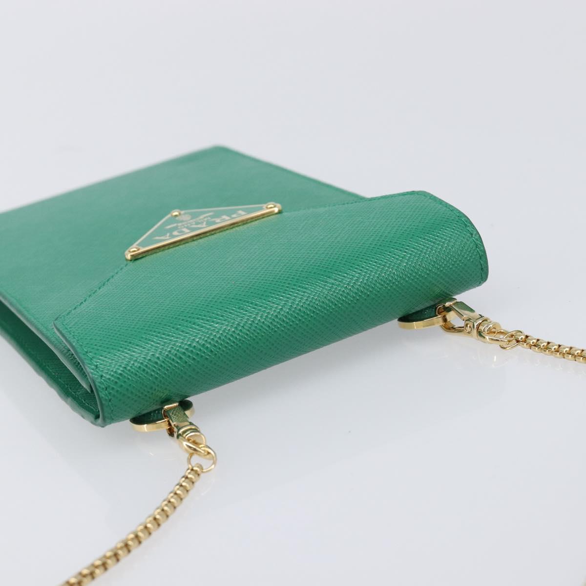 PRADA Chain Shoulder Pouch Safiano Leather Green Gold Auth LN130V