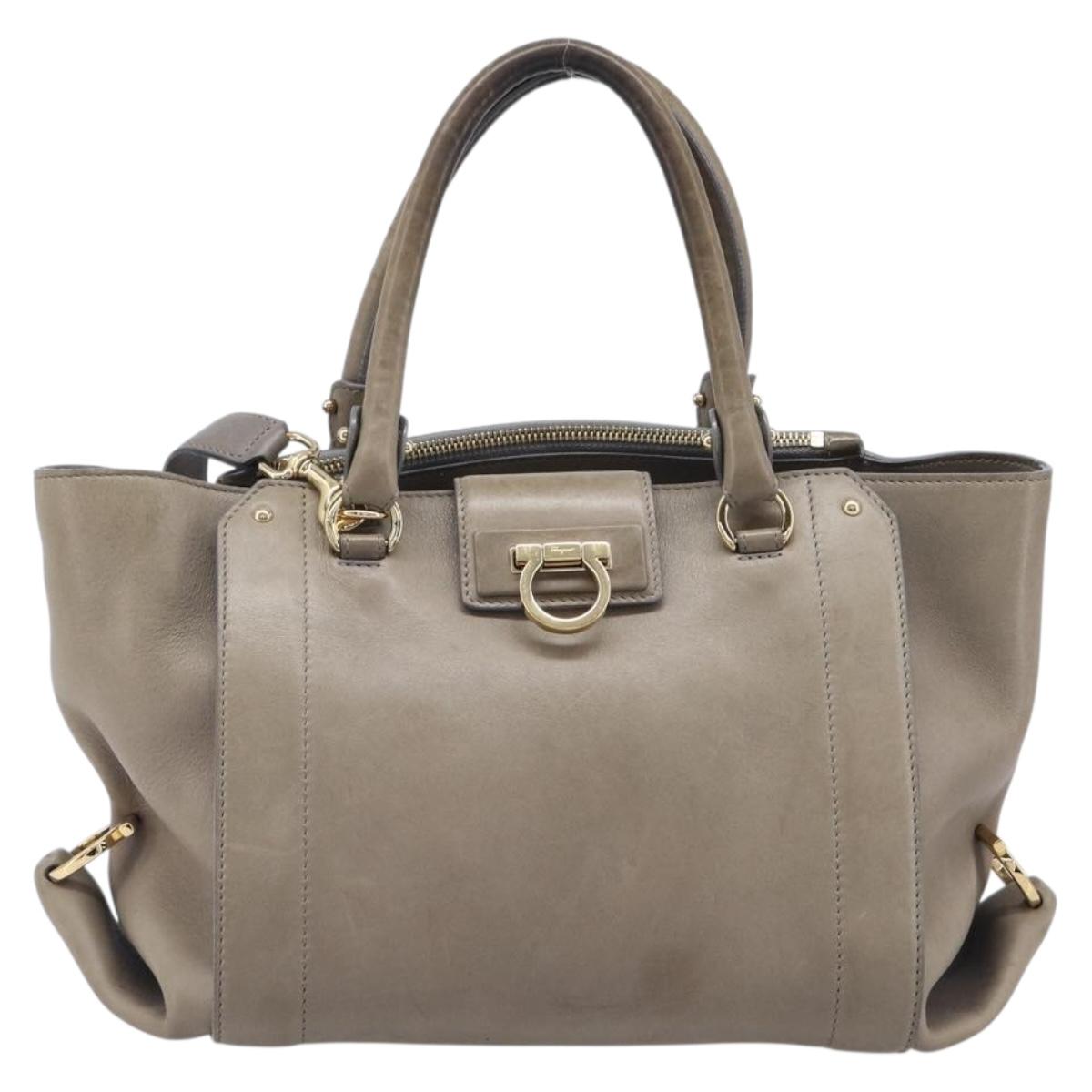 Salvatore Ferragamo Gancini Hand Bag Leather 2way Gray Gold Auth LN143