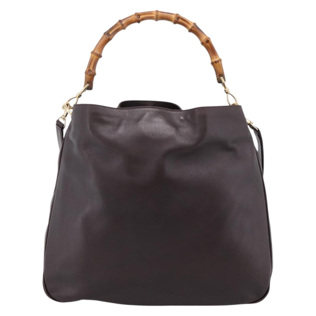 GUCCI Bamboo Shoulder Bag Leather 2way Dark Brown Gold 001 0166 1577 Auth LN160