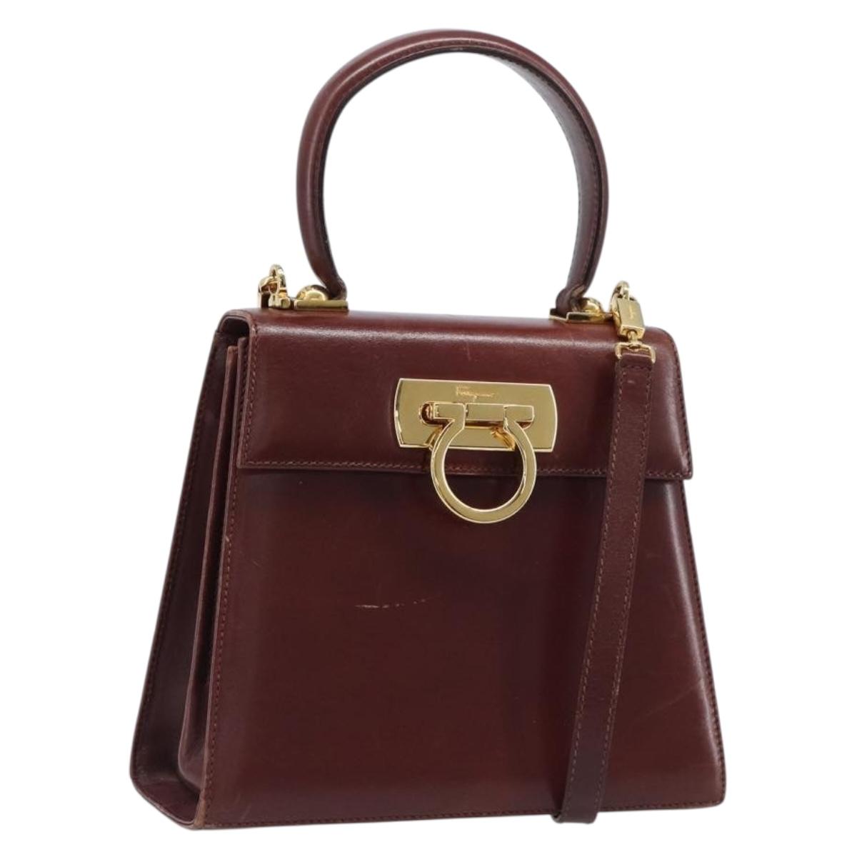Salvatore Ferragamo Gancini Hand Bag Leather 2way Brown Gold Auth LN168