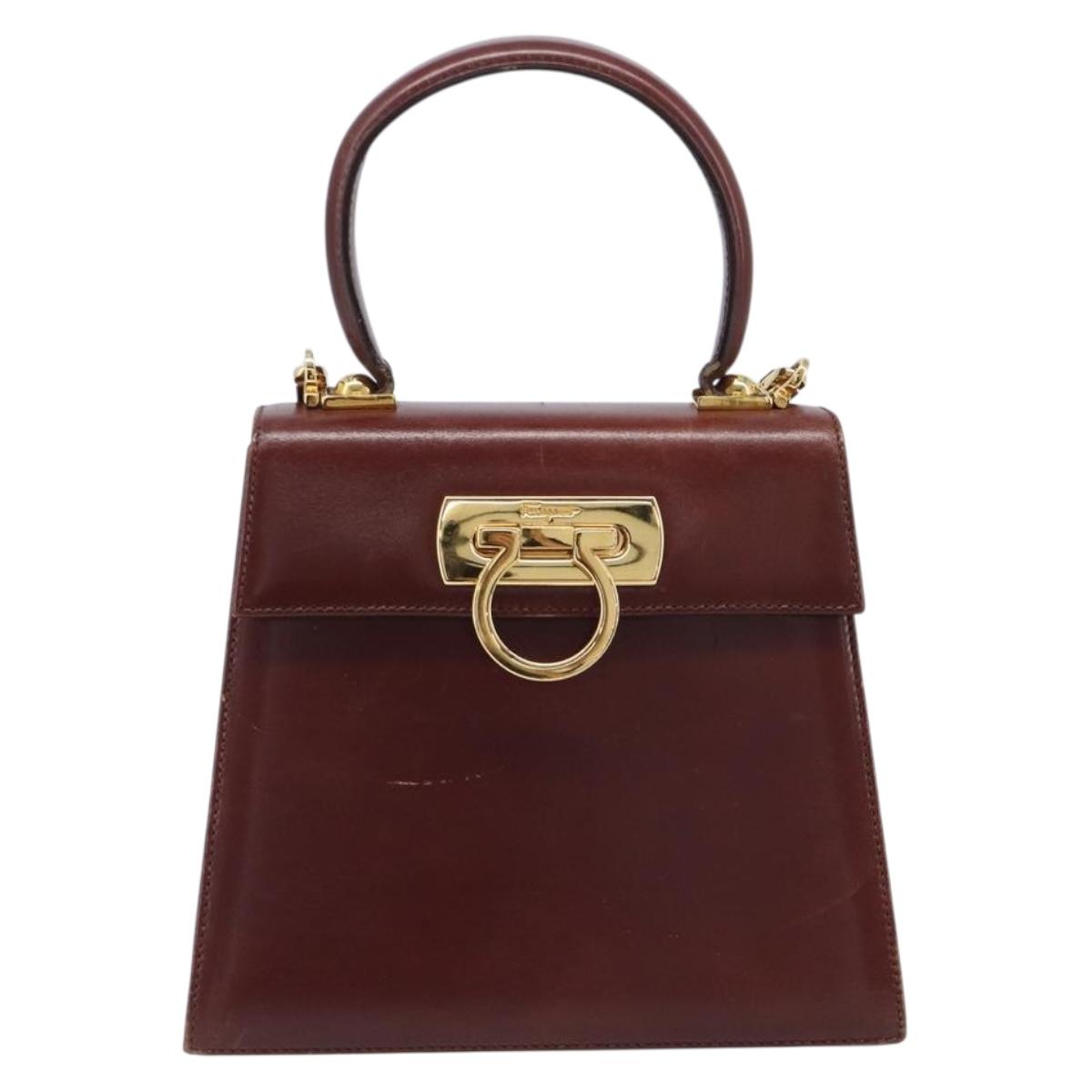 Salvatore Ferragamo Gancini Hand Bag Leather 2way Brown Gold Auth LN168