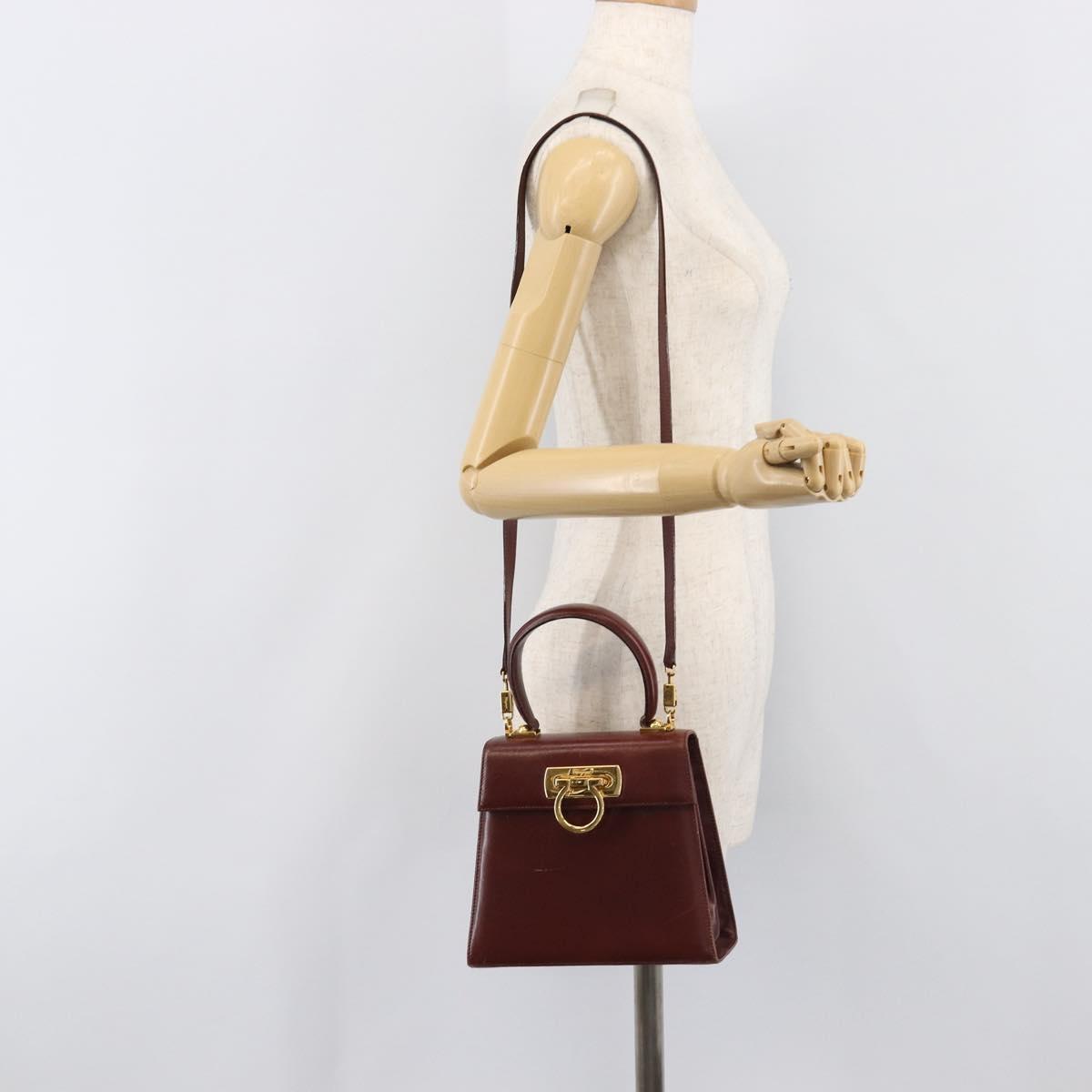 Salvatore Ferragamo Gancini Hand Bag Leather 2way Brown Gold Auth LN168